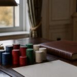 Staplar av spelmarker bredvid en inbunden liggare och en mässingslampa på ett skrivbord i ett ämbetsrum